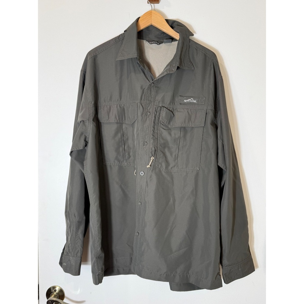 Eddie Bauer Fishing Shirt Ripstop Moss Gray Polyester XL Hiking Outdoor LS